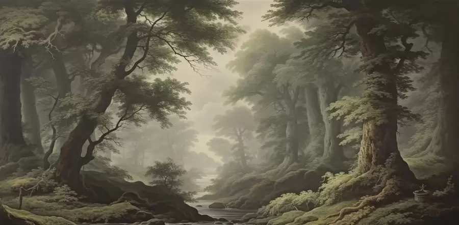 Fototapet Dimskog med flod och höga gamla träd w04555