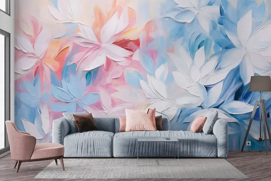 Fototapet Vita texturerade blommor med rosa och blå blad, oljemålning i abstrakt stil, mjuka penseldrag, pastellfärger  w09396