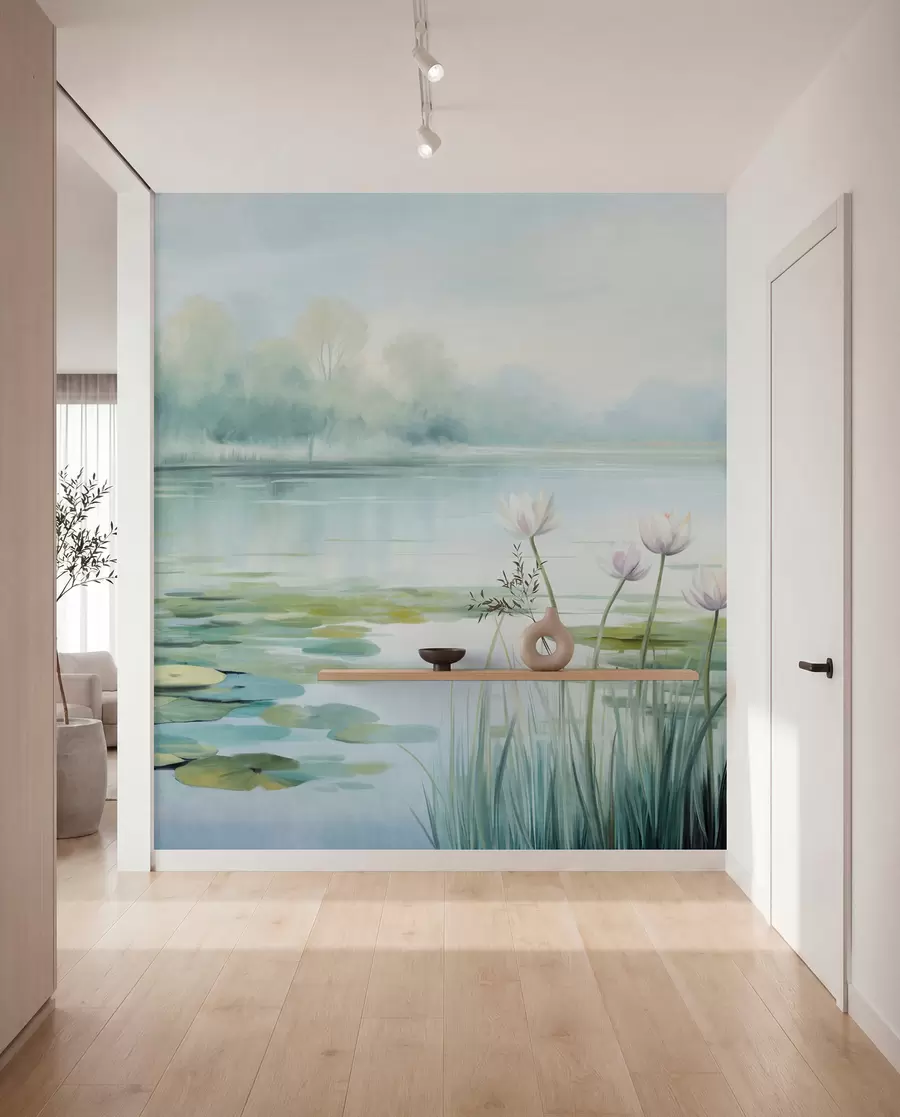 Fototapet Landskap med en sjö, näckrosor och näckrosblad, träd i bakgrunden, i en lugn miljö, ljusblå och gröna toner w09395