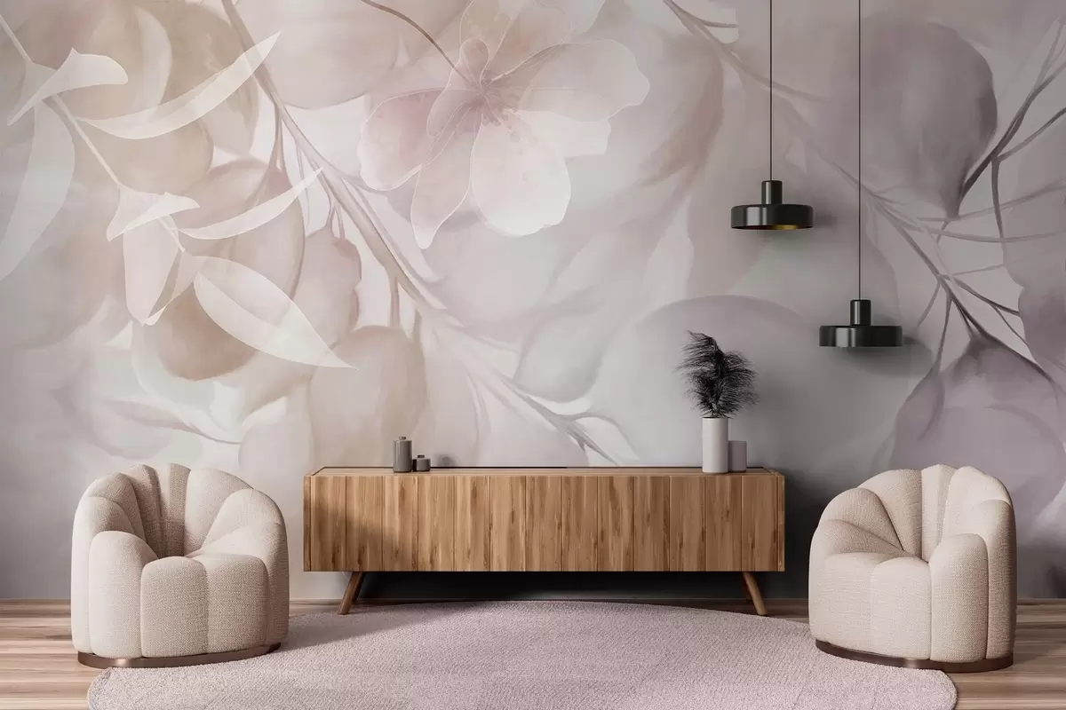 Fototapet Blomsterkonst med dämpade beige och bruna blommor, blad och grenar, mjuka pastellfärger, akvarellstruktur w09397