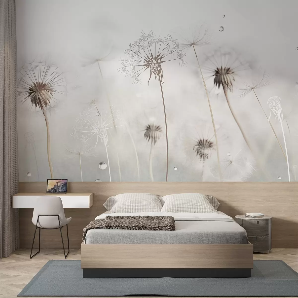 Fototapet Maskrosor med vattendroppar, vit bakgrund, närbild, mjukt ljus, natur, botanisk, eterisk, delikat, minimalistisk w09399