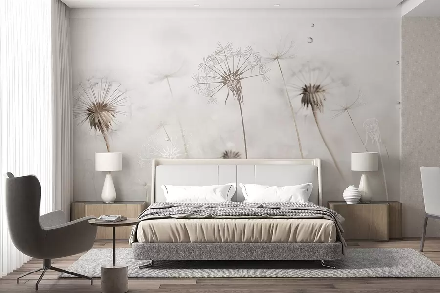 Fototapet Maskrosor med vattendroppar, vit bakgrund, närbild, mjukt ljus, natur, botanisk, eterisk, delikat, minimalistisk w09399