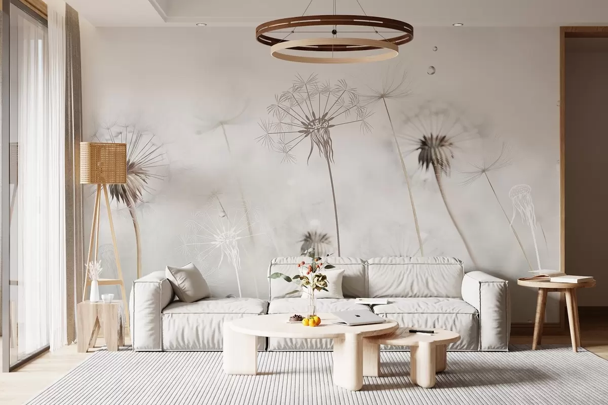 Fototapet Maskrosor med vattendroppar, vit bakgrund, närbild, mjukt ljus, natur, botanisk, eterisk, delikat, minimalistisk w09399