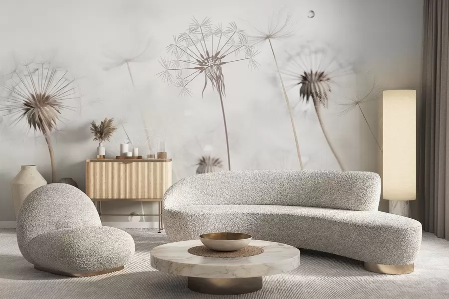 Fototapet Maskrosor med vattendroppar, vit bakgrund, närbild, mjukt ljus, natur, botanisk, eterisk, delikat, minimalistisk w09399