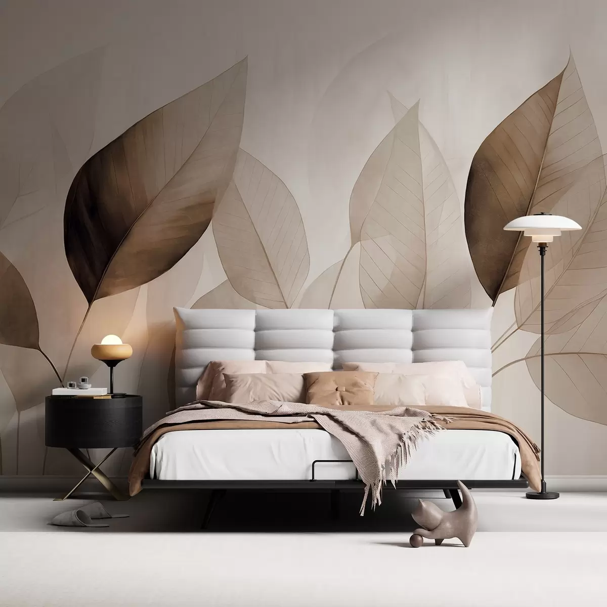 Fototapet Strukturerad målning som imiterar löv i nyanser av brunt och beige med fina ådror och stjälkar w09400v1