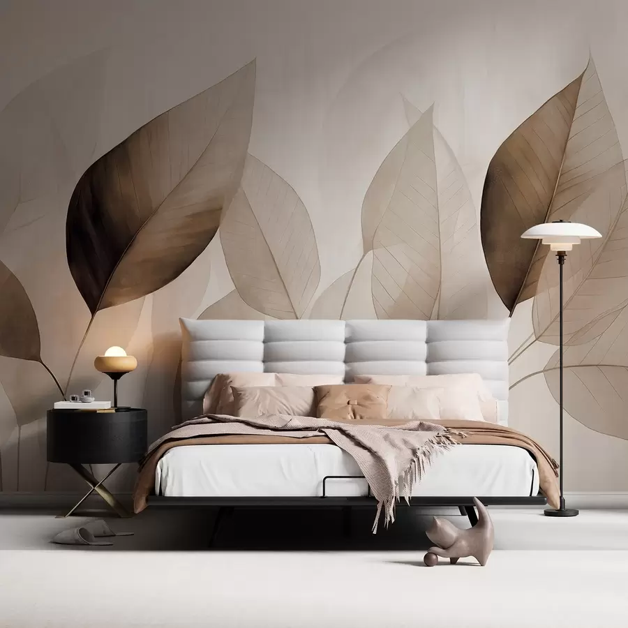 Fototapet Strukturerad målning som imiterar löv i nyanser av brunt och beige med fina ådror och stjälkar w09400v1