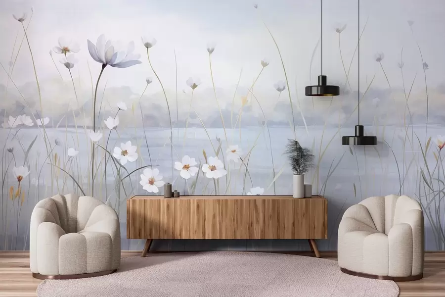 Fototapet Vita blommor med långa stjälkar på ett fält, ljusblå himmel, mjuka färger, texturerad, minimalistisk stil, naturinspirerad, lugn bakgrund w09401