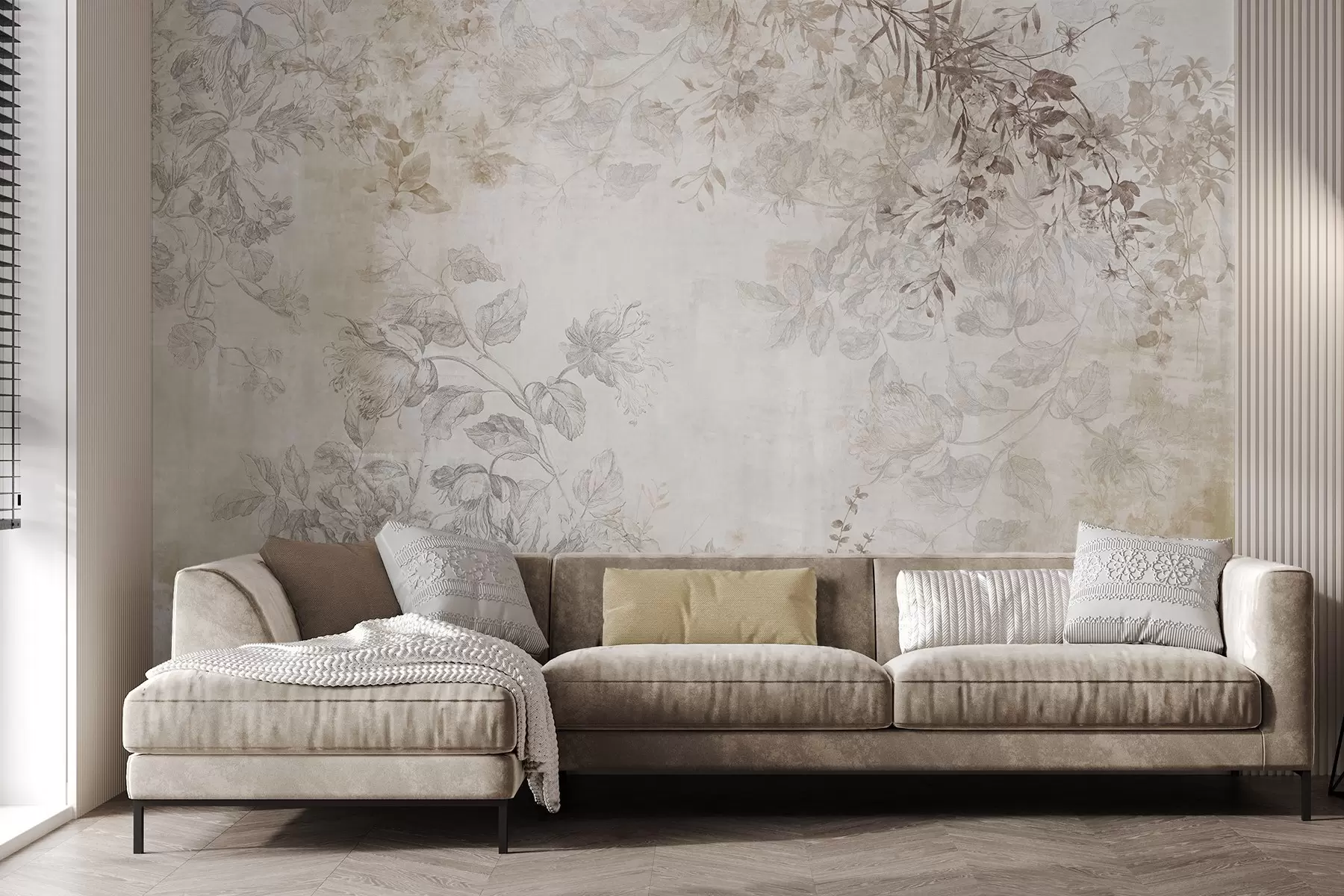 Fototapet Vintage texturerad blomsterkonst med illustrationer av delikata trädgårdsblommor och blad i teckningsstil, mjuka pastellbeige och sepiafärger w09402