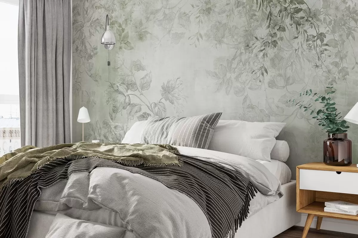 Fototapet Vintage texturerad blomsterkonst med illustrationer av delikata trädgårdsblommor och blad i teckningsstil, mjuka gröna toner w09402v2