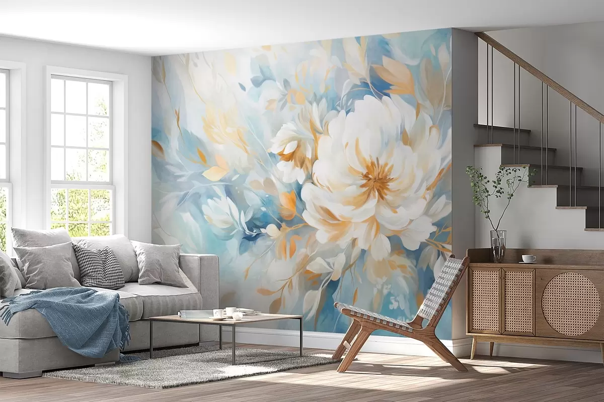 Fototapet Texturerad vit blomma med blå och gula detaljer och blad på en blå och vit abstrakt bakgrund, målningsstil w09403