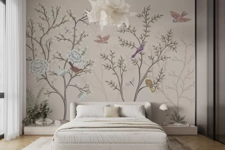 Fototapet Träd med fåglar och blommor w04605