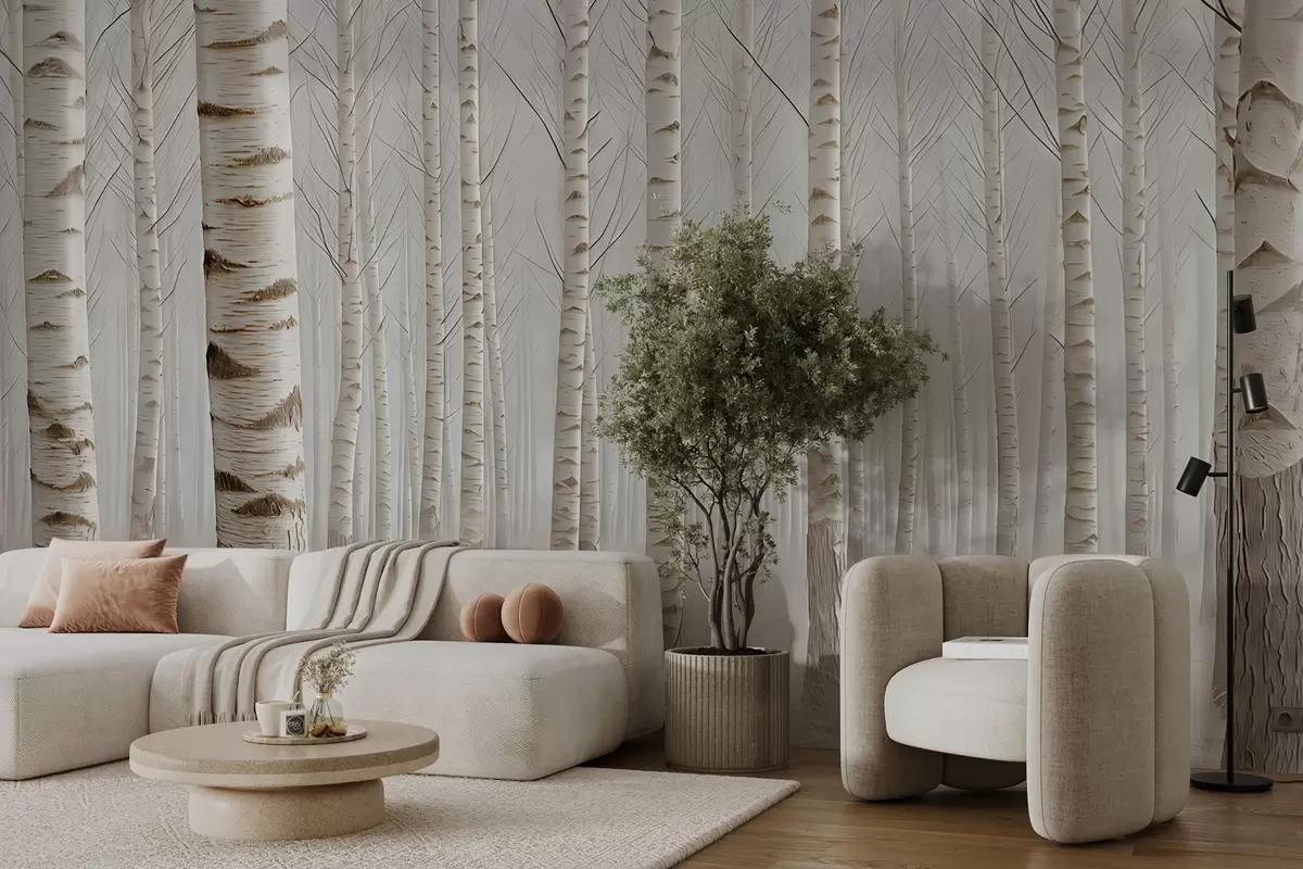 Fototapet Björkskog i dimman, lätt minimalism w04574