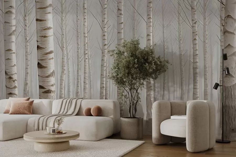 Fototapet Björkskog i dimman, lätt minimalism w04574