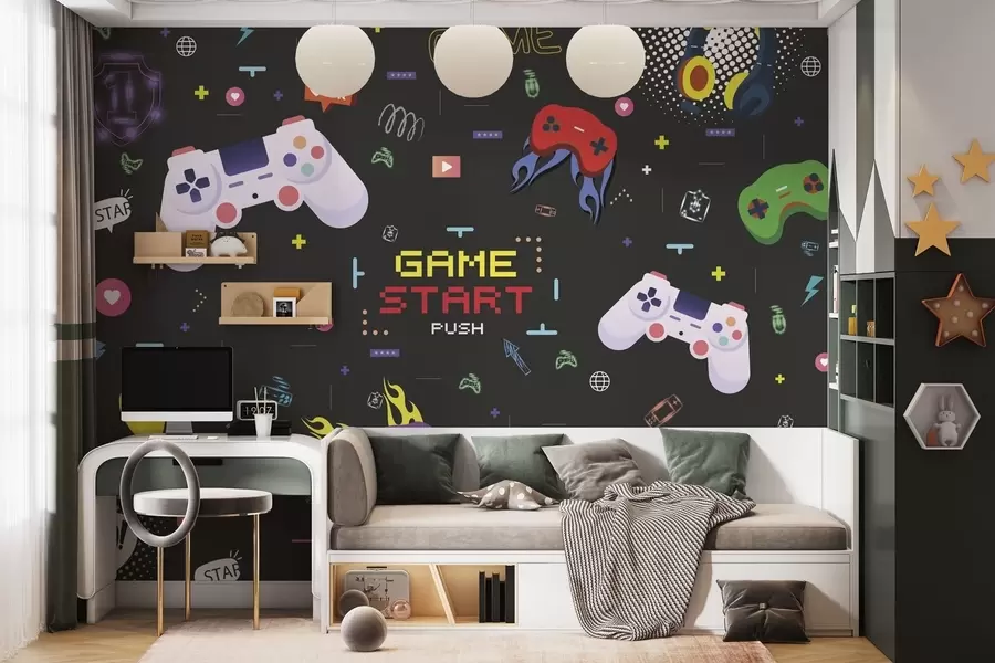 Fototapet Ljust gamer-mönster med konsoler och pixelerad text w04581