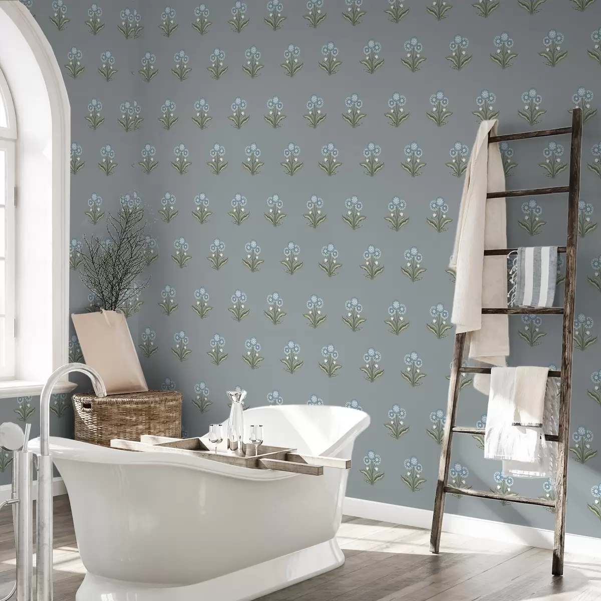 Bakgrund Stiliserade blommor på gråblå bakgrund, sval färgskala a00494v1