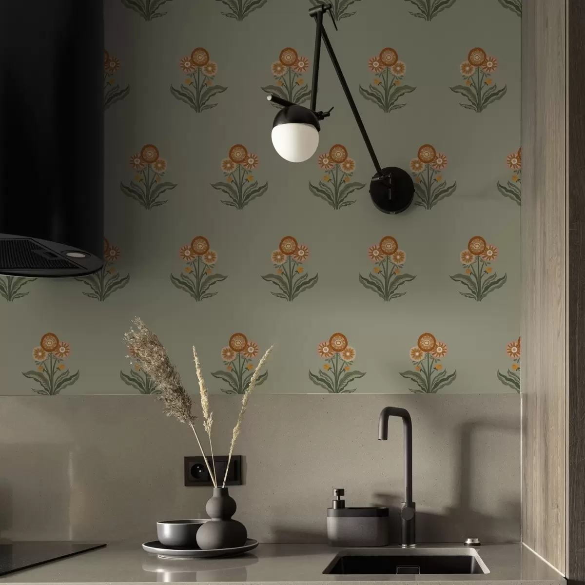 Bakgrund Stiliserade blommor på olivgrön bakgrund, varma toner a00494v2