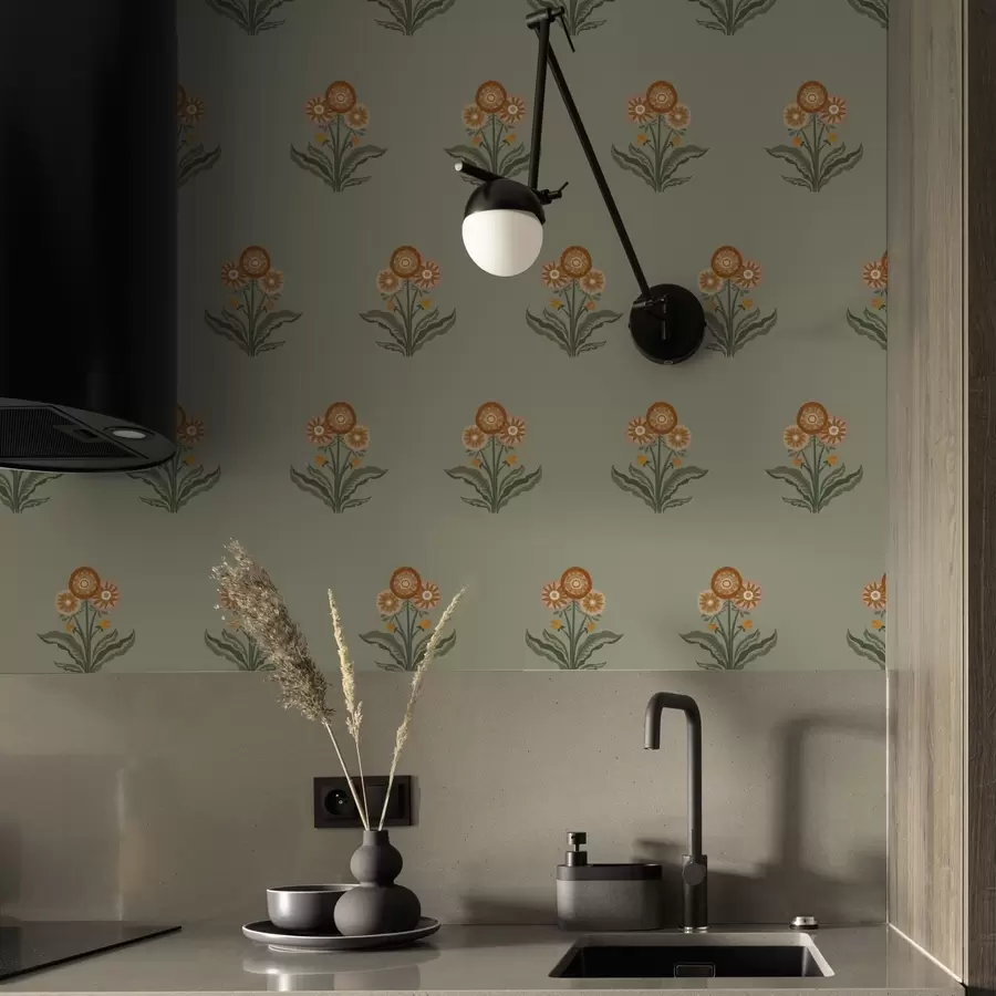 Fototapet Stiliserade blommor på olivgrön bakgrund, varma toner a00494v2