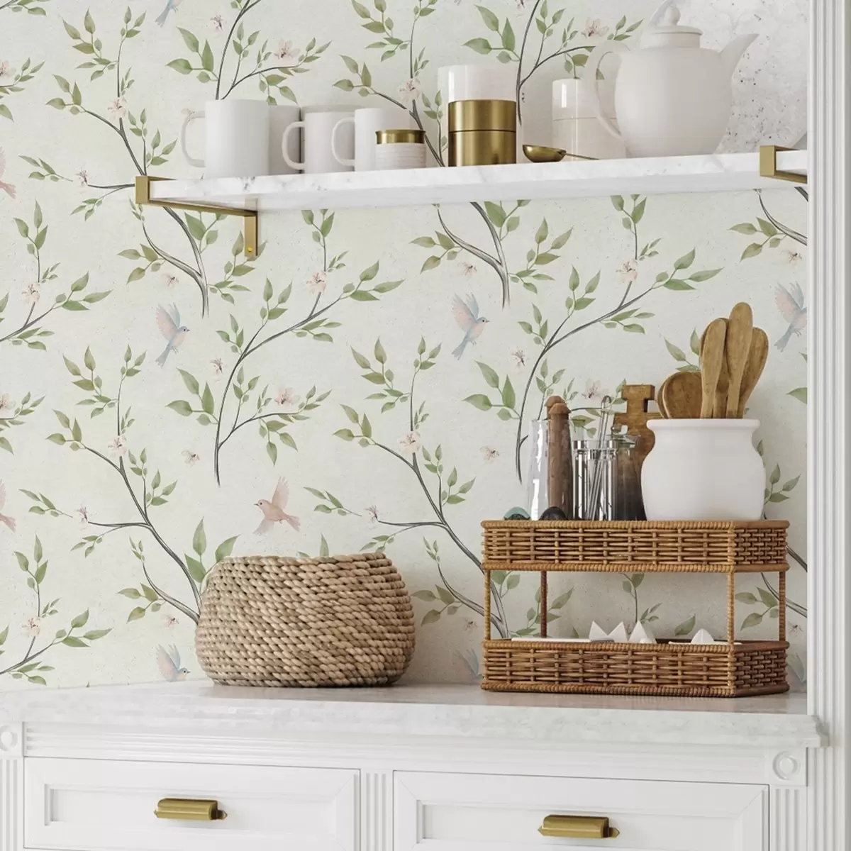 Bakgrund Akvarellgrenar med löv och fåglar på ljus bakgrund a00496