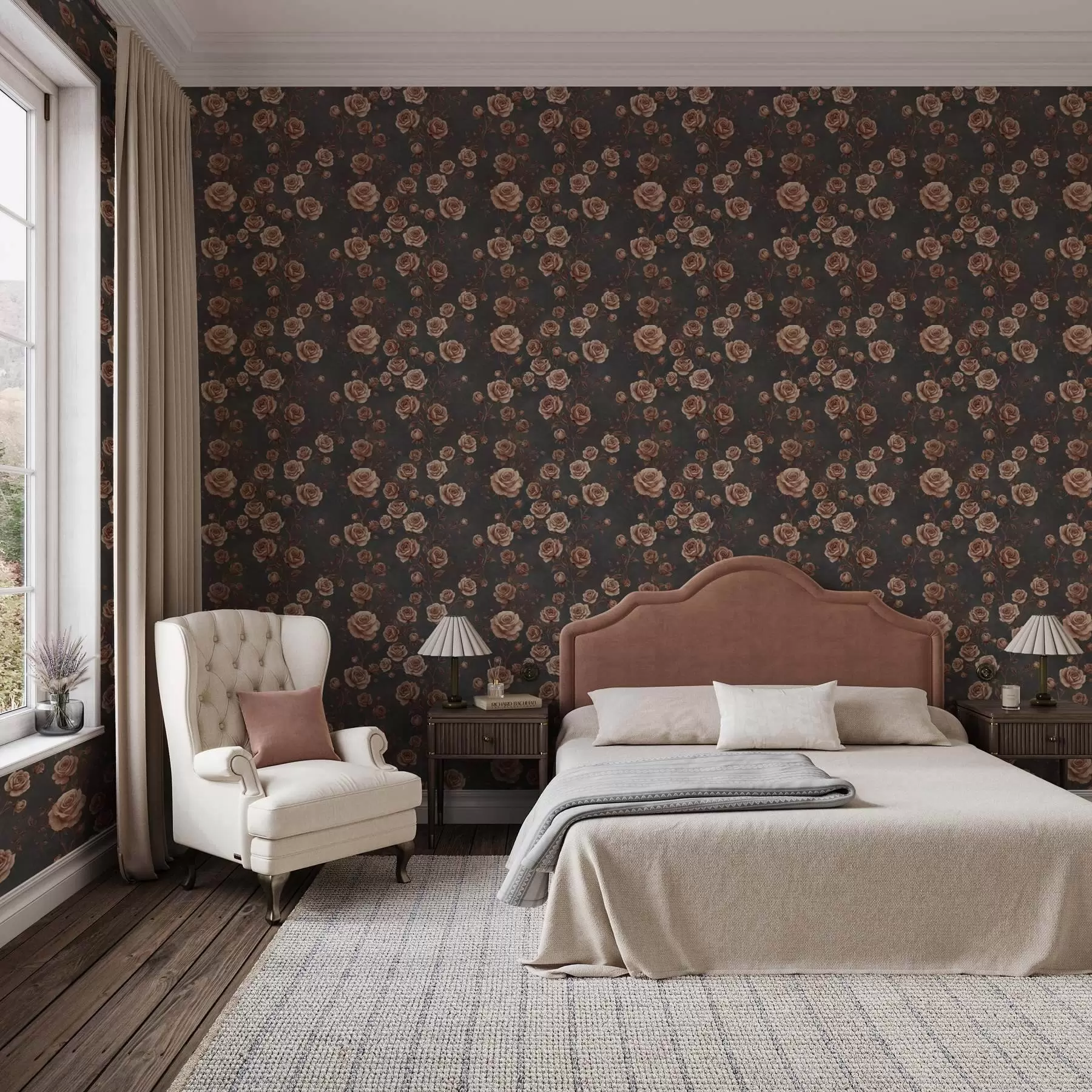 Fototapet Vintage-rosor på grafitbakgrund, terrakottapalett a00497v1