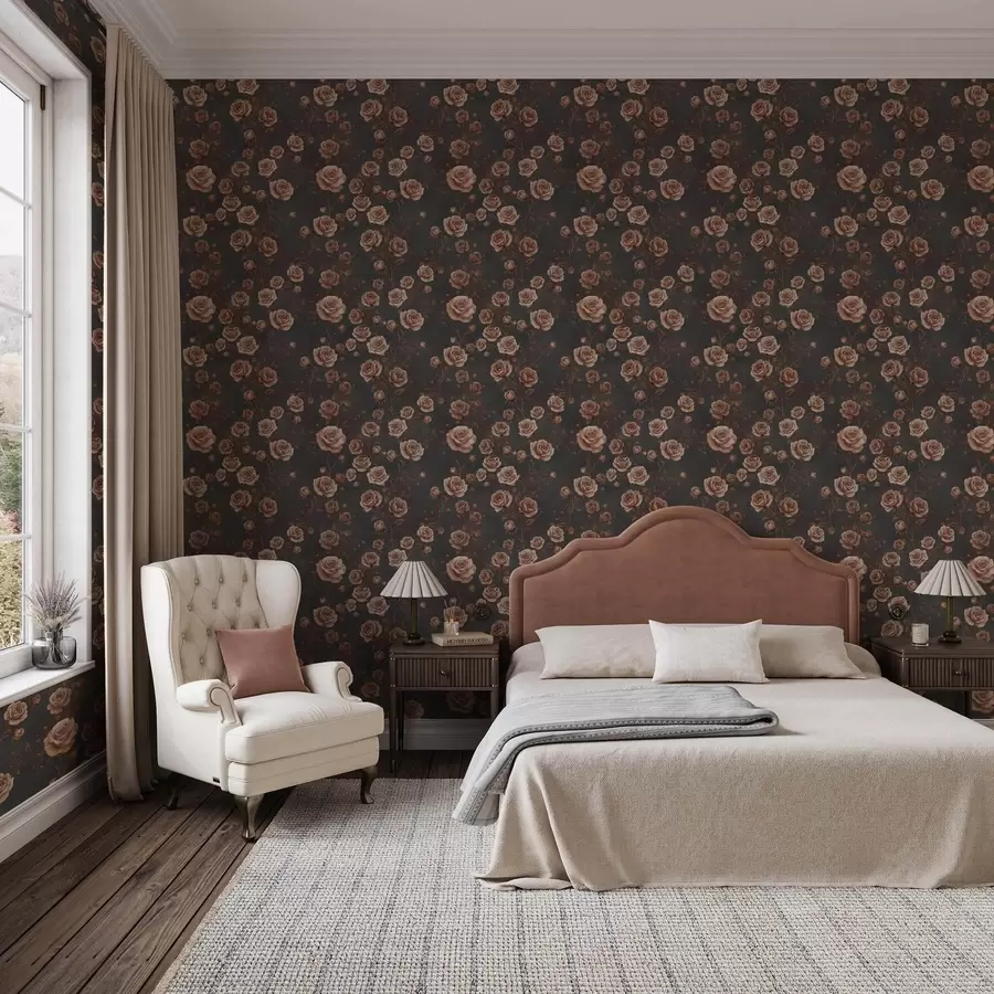 Fototapet Vintage-rosor på grafitbakgrund, terrakottapalett a00497v1