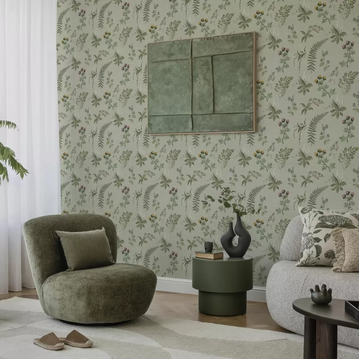 Bakgrund Botaniska gräs och ormbunkar på ljusgrågrönt a00498