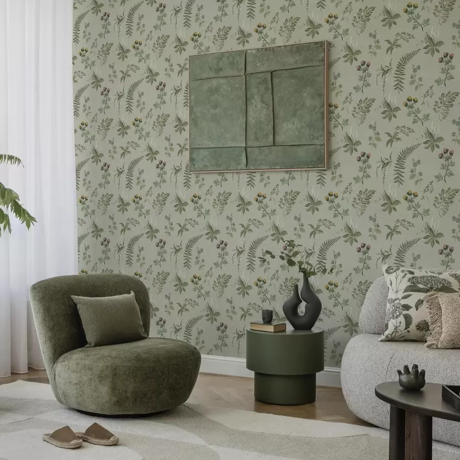 Fototapet Botaniska gräs och ormbunkar på ljusgrågrönt a00498