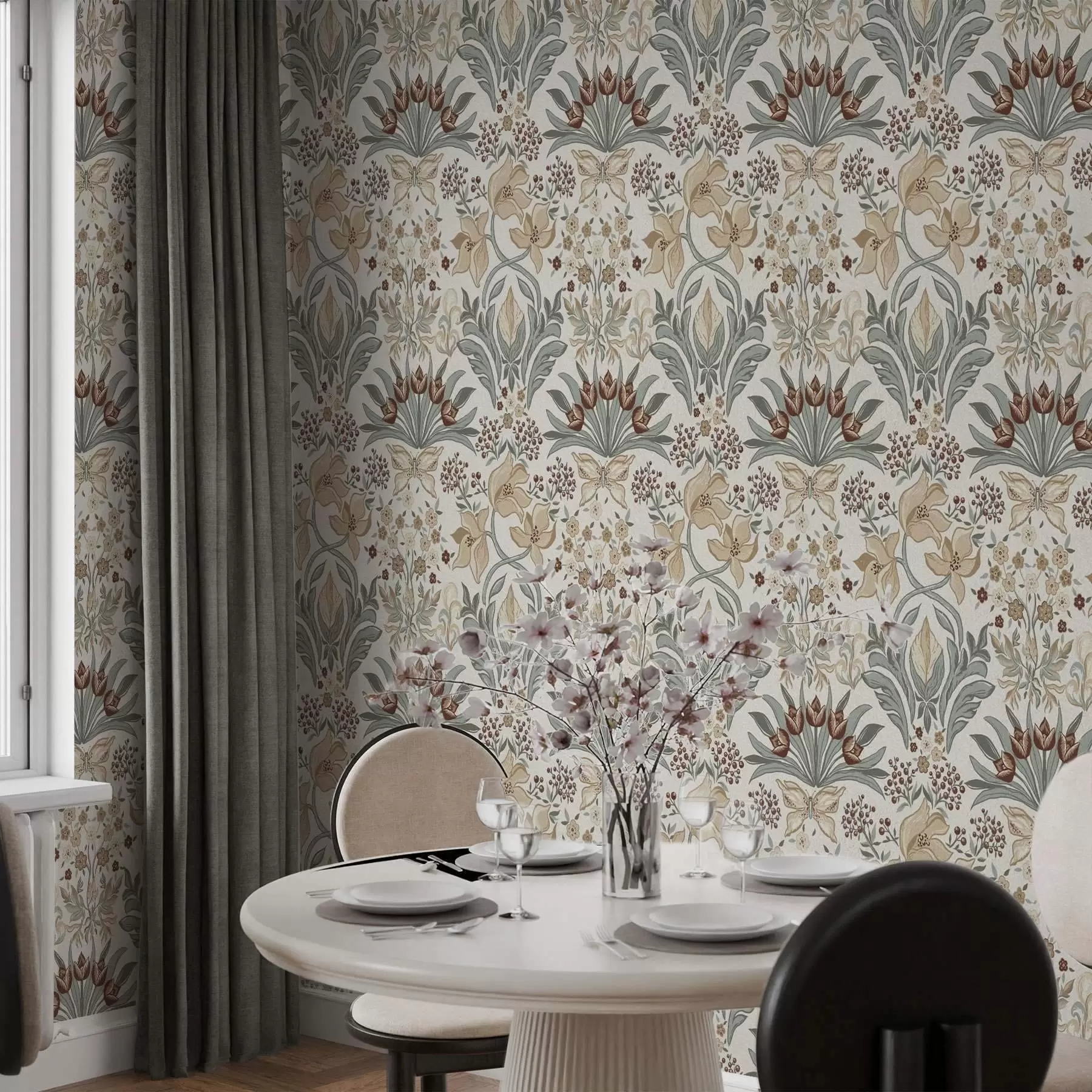 Fototapet Dekorativa liljor och en fjäril på en krämfärgad bakgrund a00500