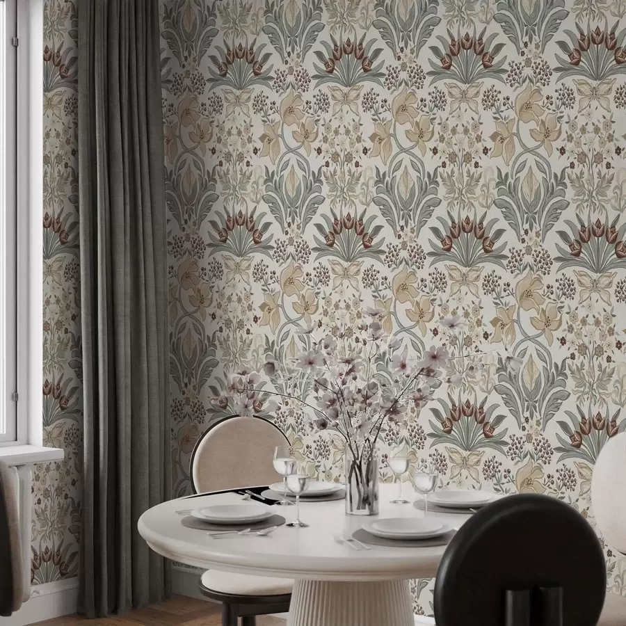 Fototapet Dekorativa liljor och en fjäril på en krämfärgad bakgrund a00500