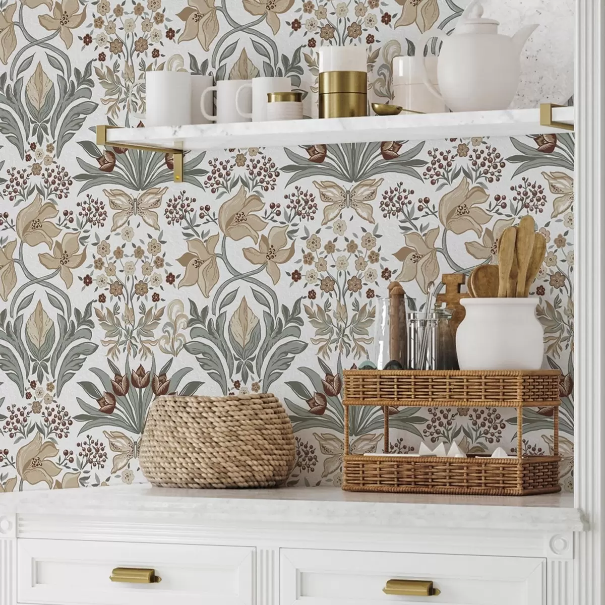 Bakgrund Dekorativa liljor och en fjäril på vit bakgrund a00500v1