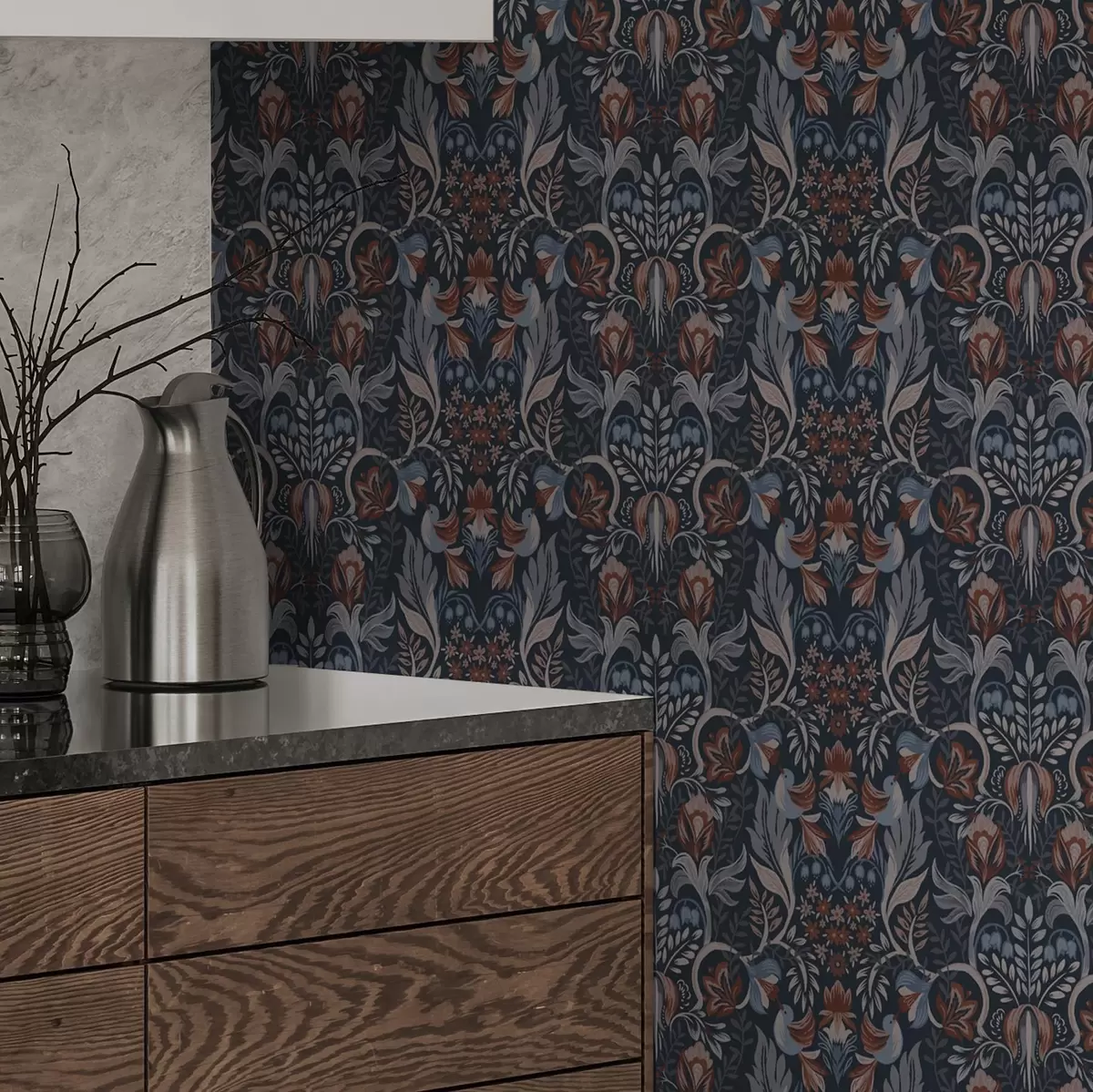 Bakgrund Folkornament med fåglar, djup indigo a00502v1