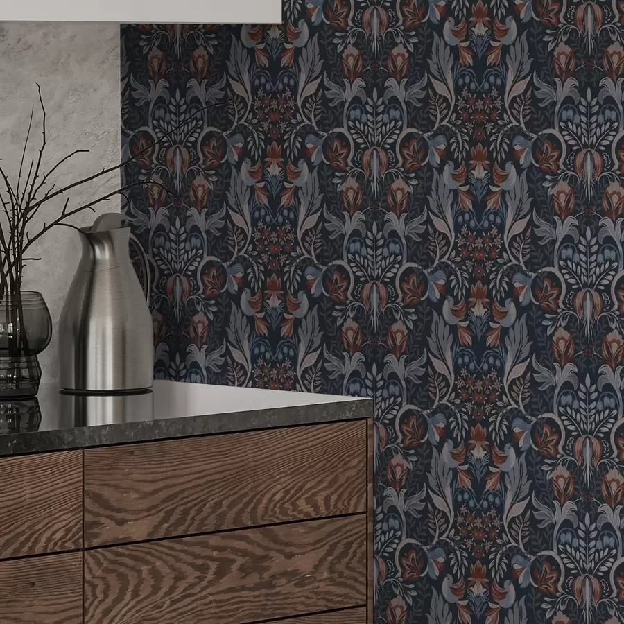 Fototapet Folkornament med fåglar, djup indigo a00502v1