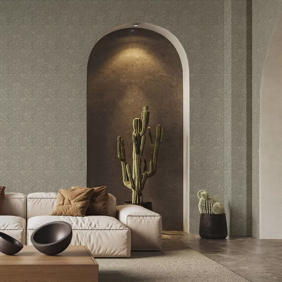 Fototapet Morris-stil: beige grenar på en grågrön bakgrund a00569