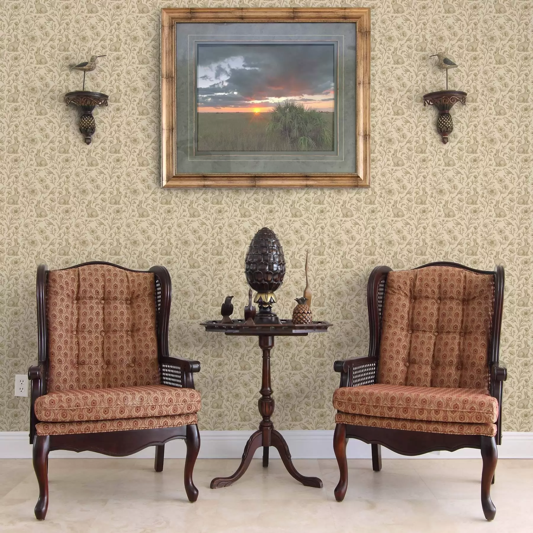 Fototapet Kaniner och fåglar i blommönster a00571