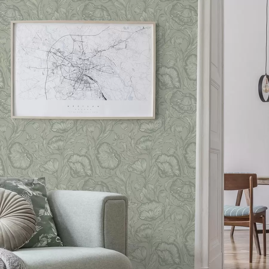 Fototapet Linje-konst vallmo på en grågrön bakgrund a00572v1