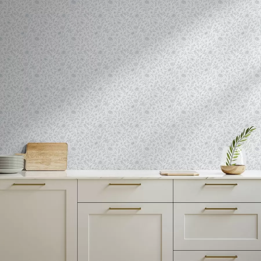 Fototapet Fina blå linjetecknade blommor på en benvit bakgrund a00576