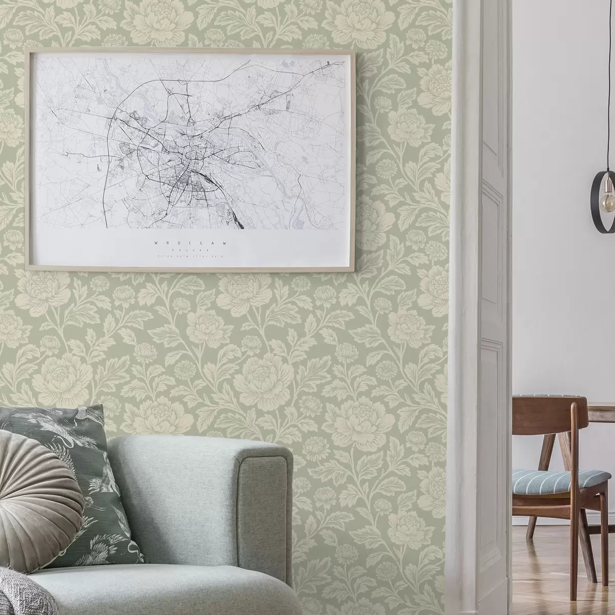 Bakgrund Stora linjetecknade pioner på en salviagrön bakgrund a00582