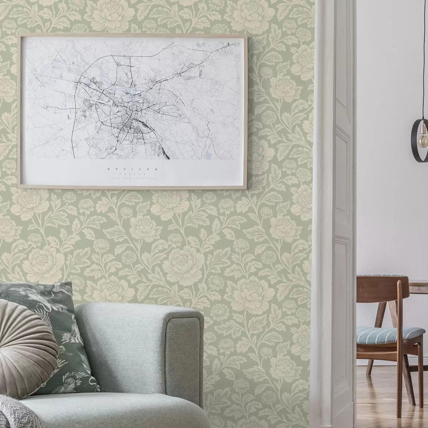 Fototapet Stora linjetecknade pioner på en salviagrön bakgrund a00582