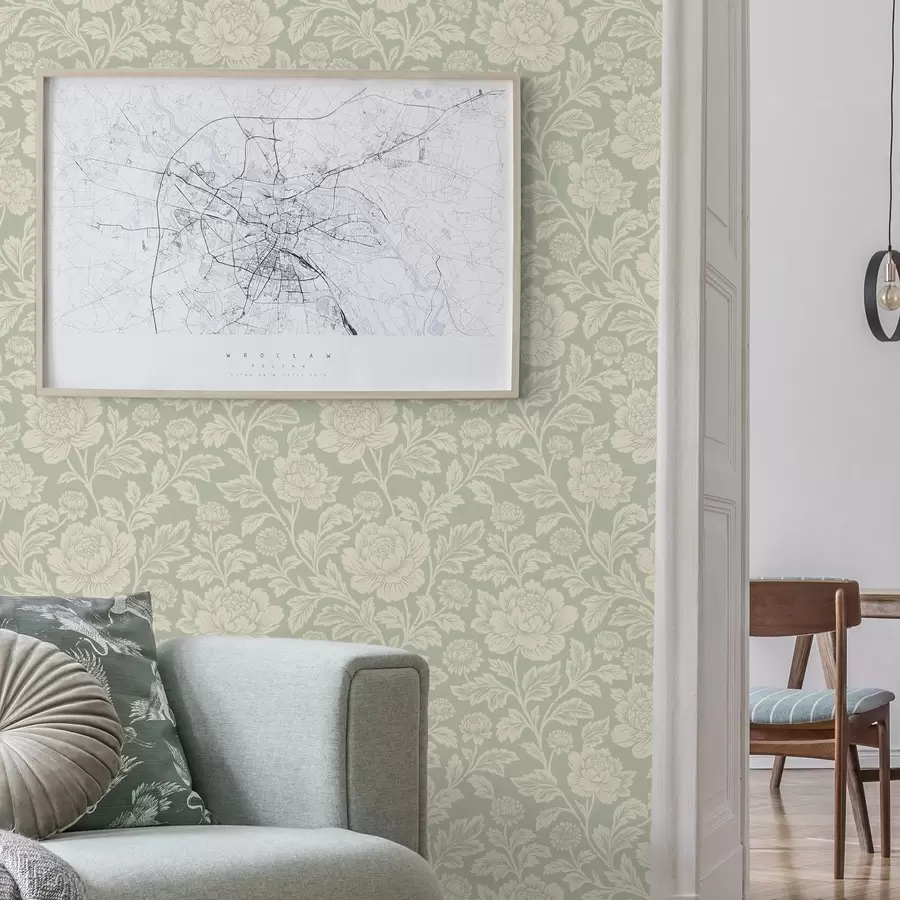 Fototapet Stora linjetecknade pioner på en salviagrön bakgrund a00582