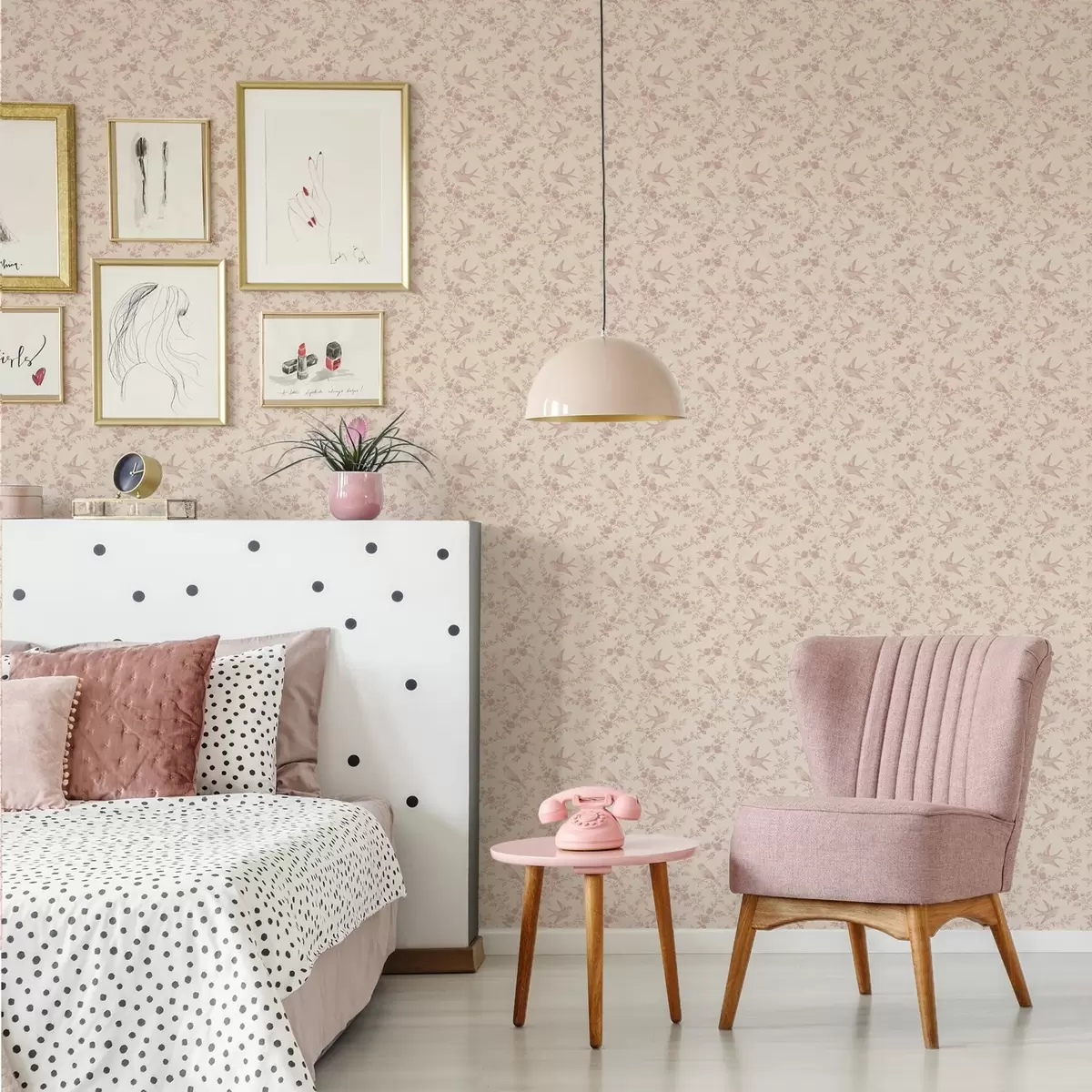 Bakgrund Fåglar och rosor, vintage mönster på pudersrosa a00587