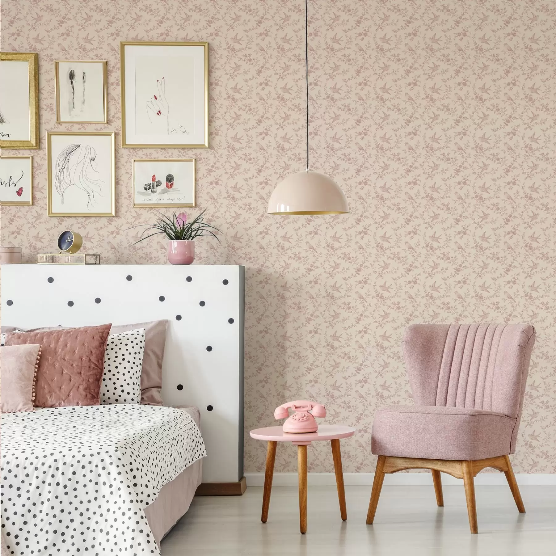 Fototapet Fåglar och rosor, vintage mönster på pudersrosa a00587