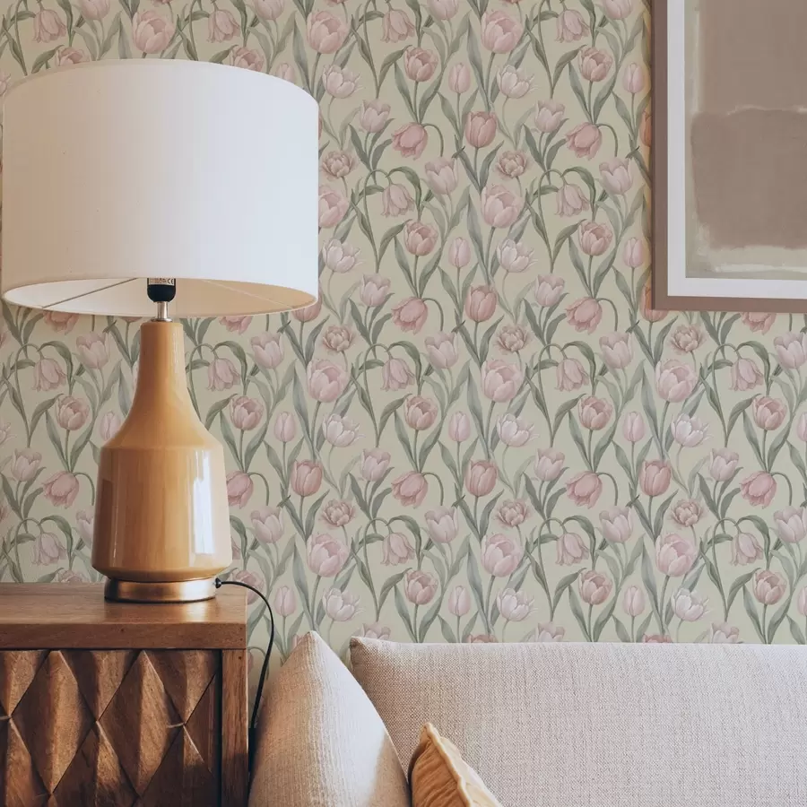 Fototapet Mjukrosa tulpaner på en mild beige bakgrund a00589