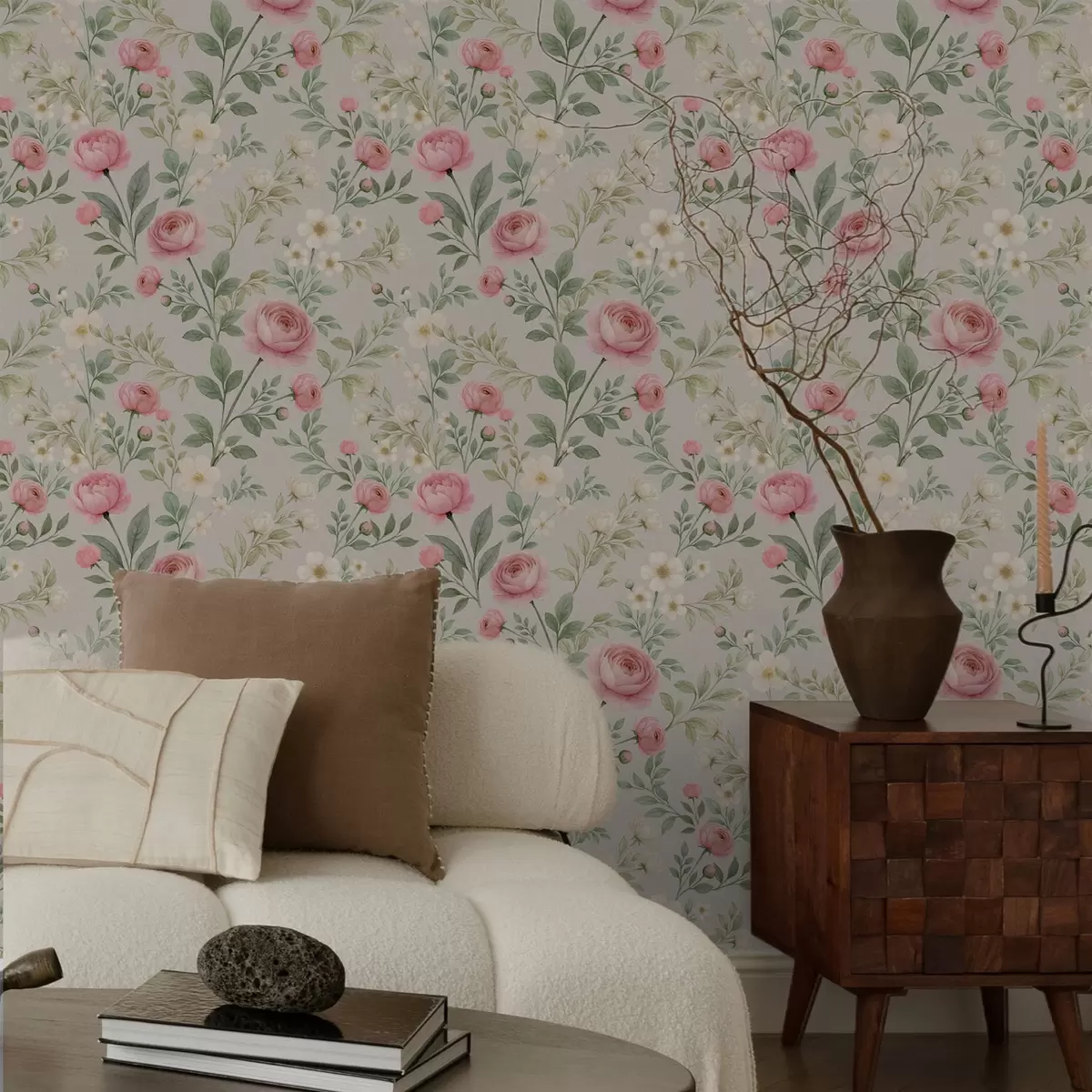 Bakgrund Akvarellmålade pioner och vita blommor på gråbeige bakgrund a00592