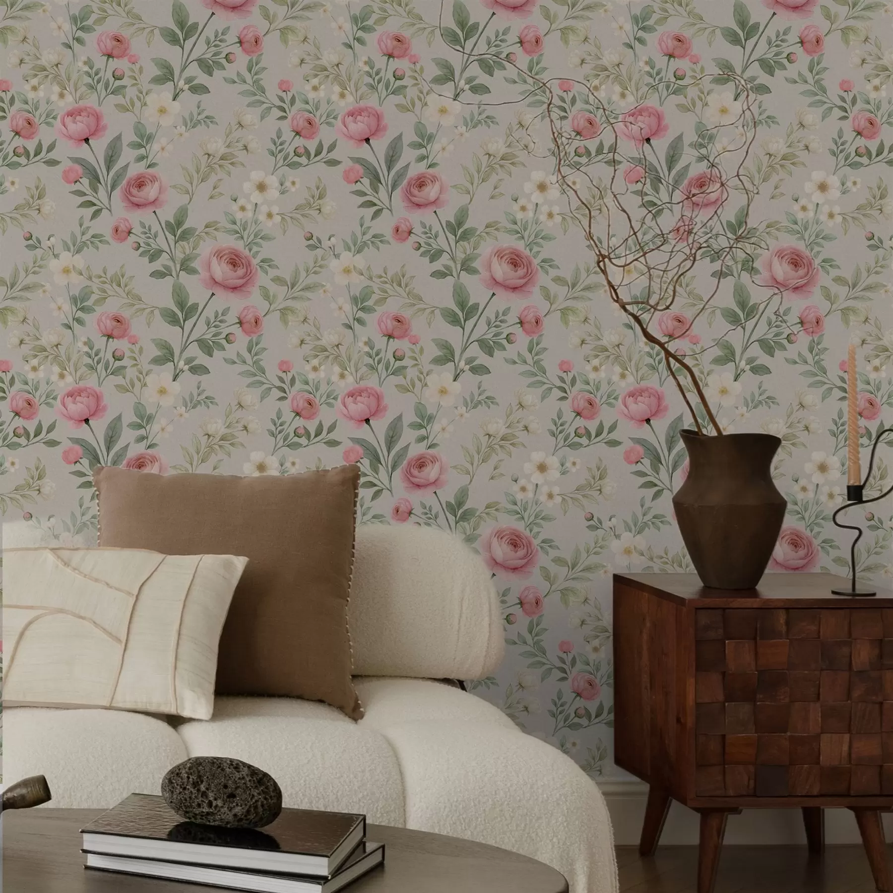 Fototapet Akvarellmålade pioner och vita blommor på gråbeige bakgrund a00592