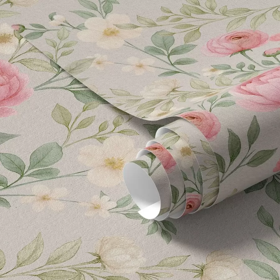 Fototapet Akvarellmålade pioner och vita blommor på gråbeige bakgrund a00592