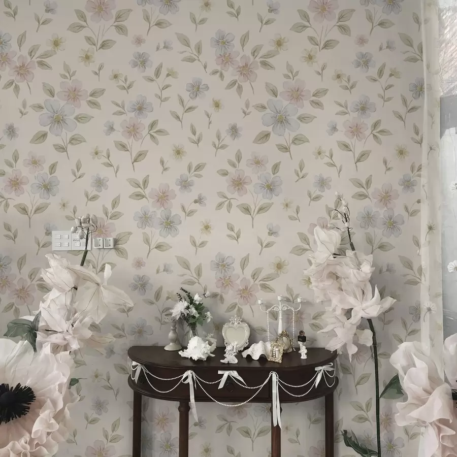 Fototapet Pastellfärgade ängsblommor på krämfärgad bakgrund a00596