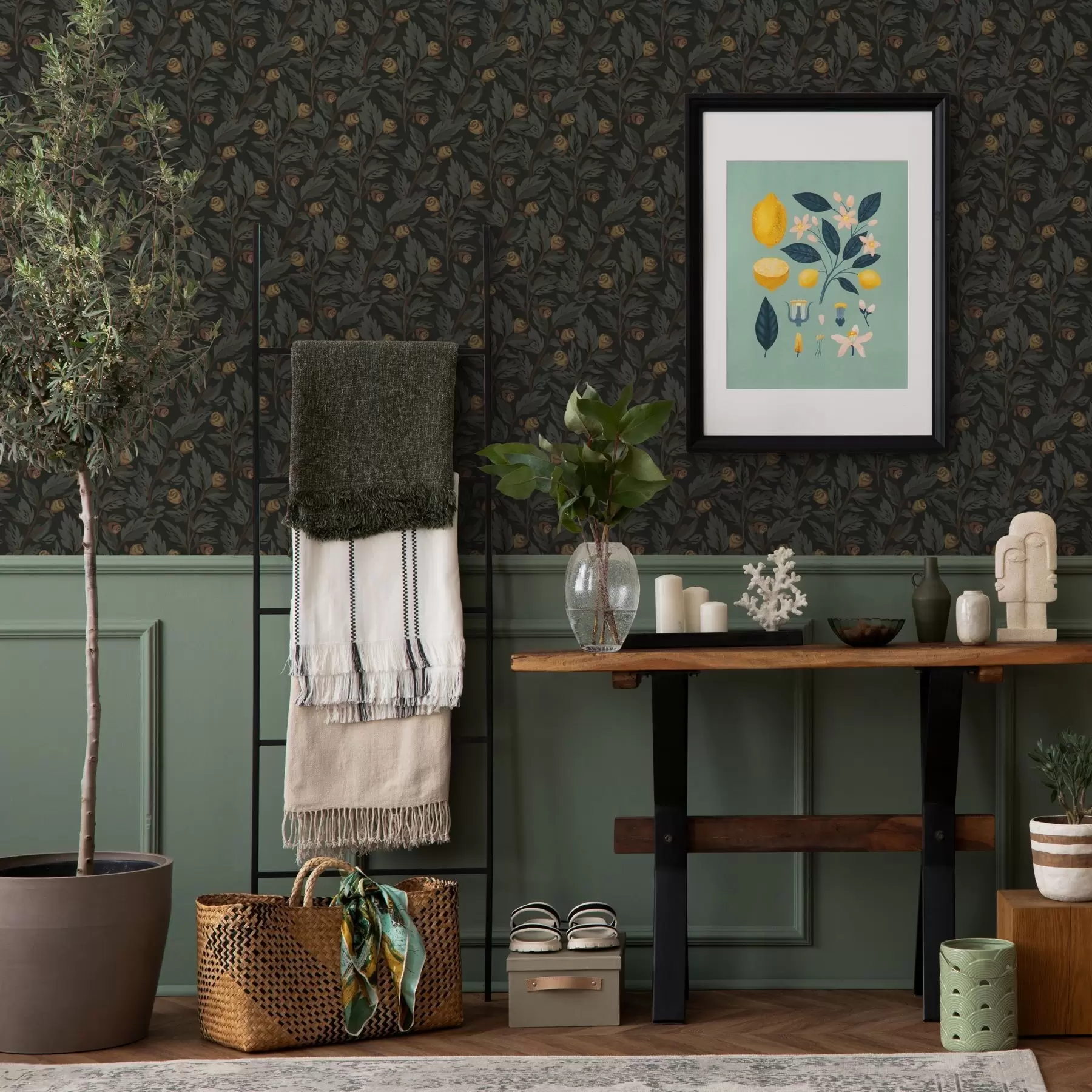 Fototapet Mörkt blommönster med gula knoppar och blad a00598