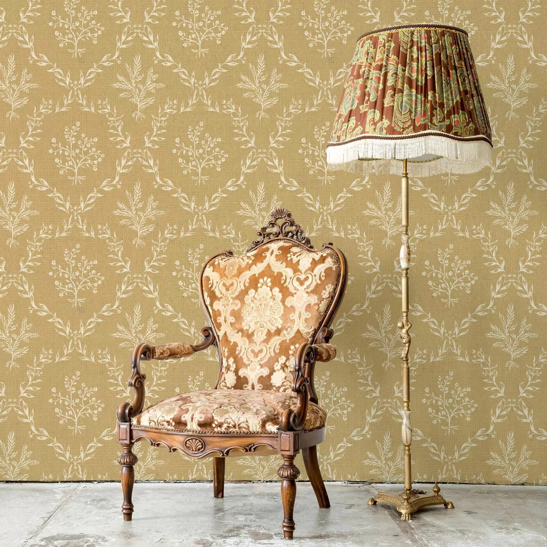 Fototapet Vita kransar av örter och blommor på senapsgul bakgrund a00599