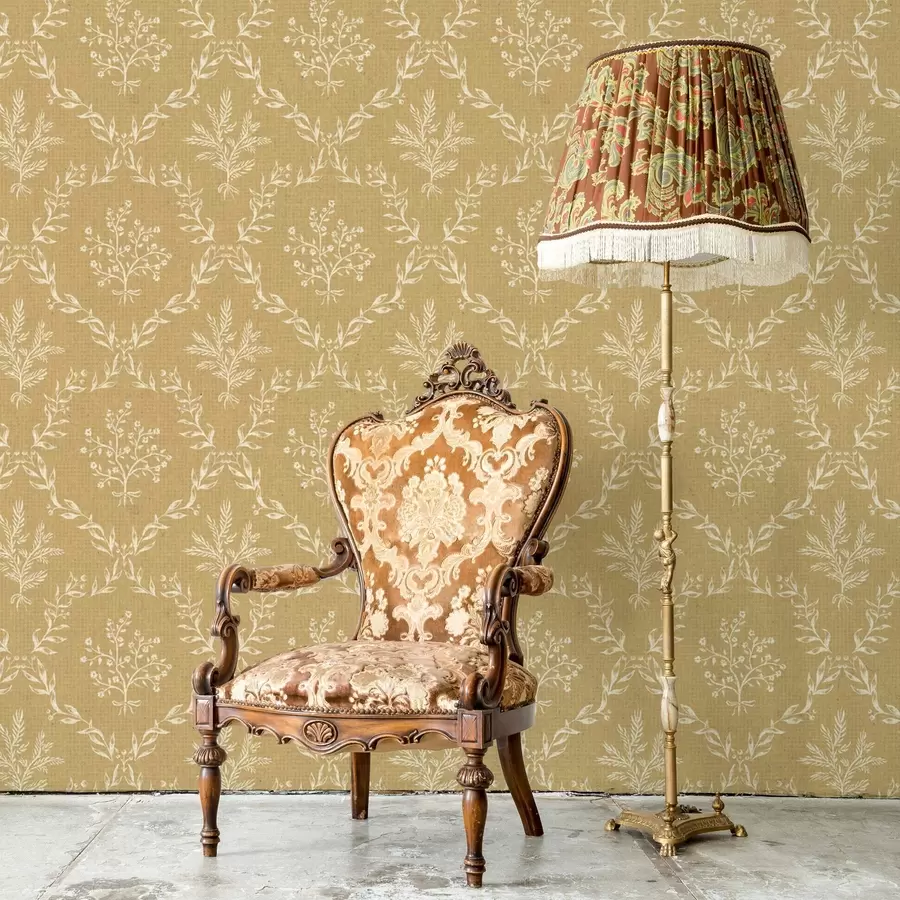 Fototapet Vita kransar av örter och blommor på senapsgul bakgrund a00599