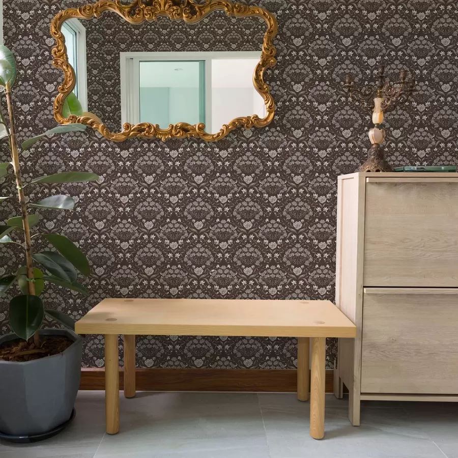 Fototapet Mörk chokladdamast med pioner och snödroppar a00603v2