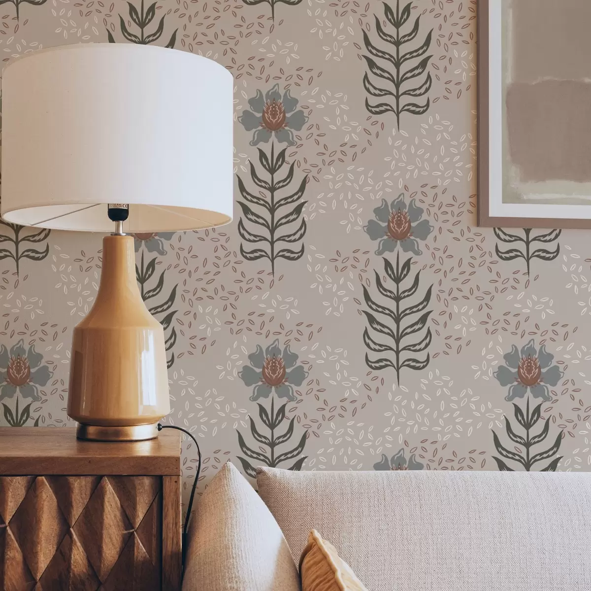 Bakgrund Stiliserade blommor och frön på varm beige a00604